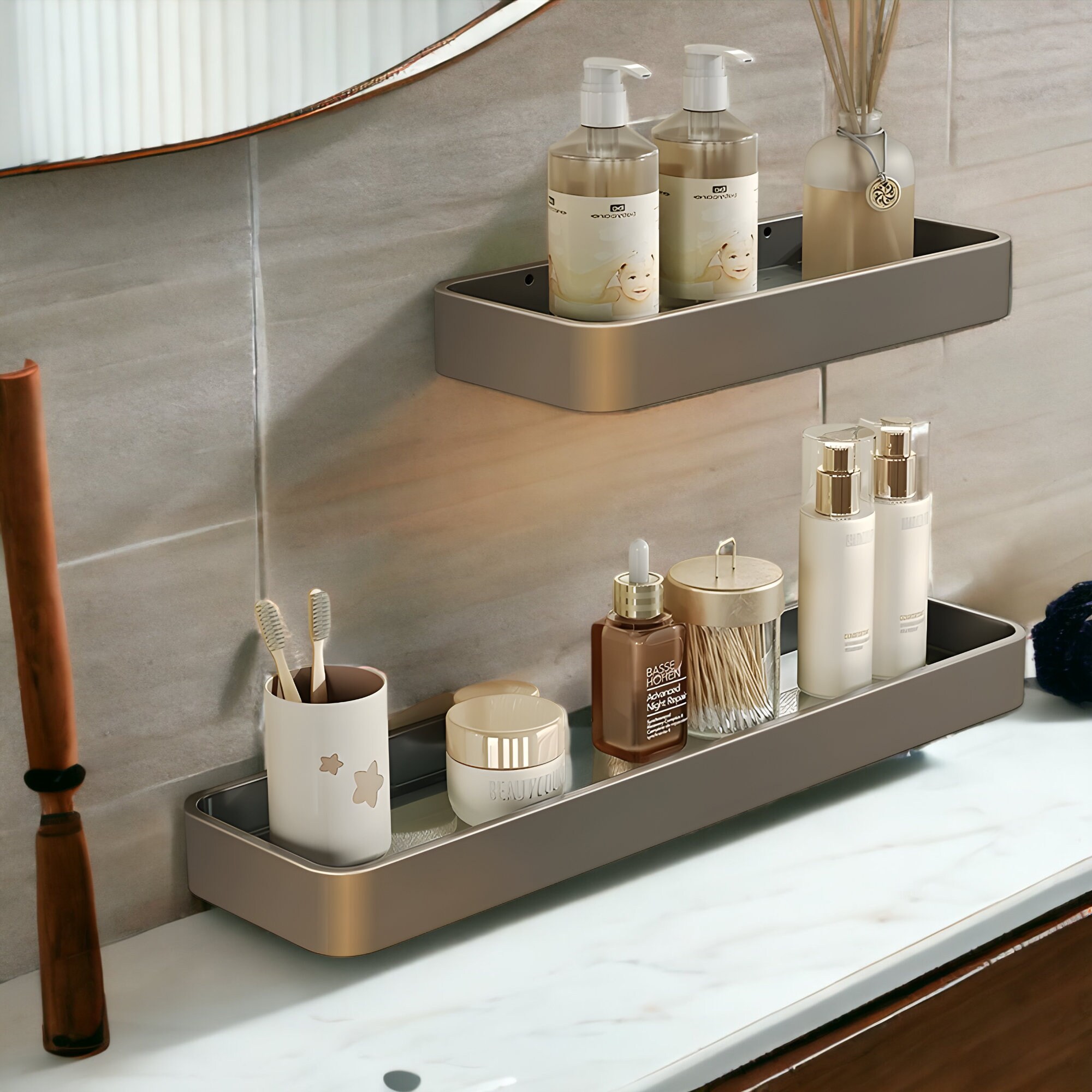 Brass Shampoo Holder Mounted Glass Cabinet , Stainless Shampoo