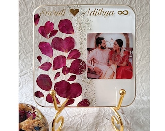 Custom Resin Couple Photo Frame with Rose Petals