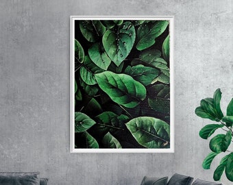 Green Leaf Acrylic Painting with Water Droplets on Canvas