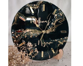 Black Gold Resin Desk Clock: Marble Effect, Personalized Crystal Clock