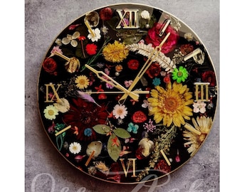 Floral Resin Clock with Real Dried Flowers - Handmade Wall or Desk Decor