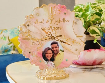 Personalized Photo Resin Desk Clock: Marble Effect with Crystals, 8 inch