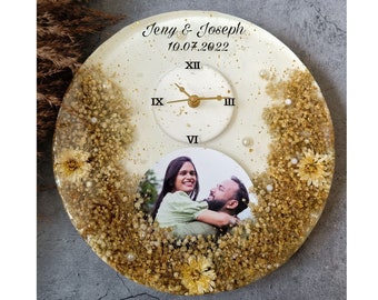 Personalized Couple Photo Clock with Real Flowers - Handmade Resin Frame