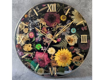 Floral Resin Clock with Your Name/ Resin Clock with Real Dried Flowers/ Customizable/ 6", 8" Desk Clock, 10", 12", 15", 16", 18" Wall Clock