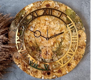Resin Wall Clock with Real White Roses & Gold Roman Numerals
