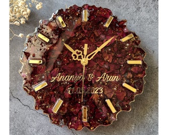 Personalized Resin Wall Clock with Real Rose Petals