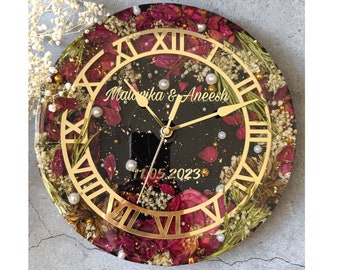 Personalized Resin Wall Clock with Real Red Roses and Gold Roman Numerals