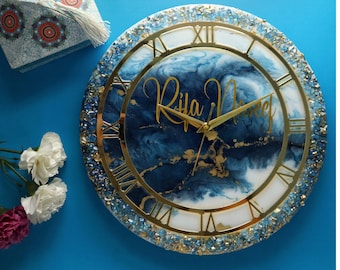 Blue Resin Crystal Wall Clock: Marble Effect, Customizable Name