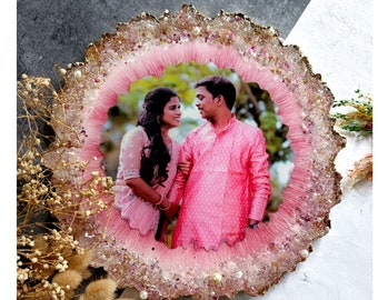 Customizable Crystal Resin Photo Frame, Pearl and Gold Accents, Wedding Anniversary Gift