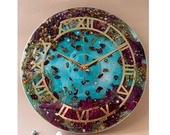 Floral Resin Wall Clock: Real Red Roses, Gold Roman Numerals