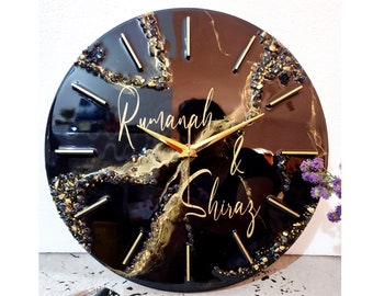 Black Gold Marble Resin Wall Clock: Personalized Crystal Accent Clock