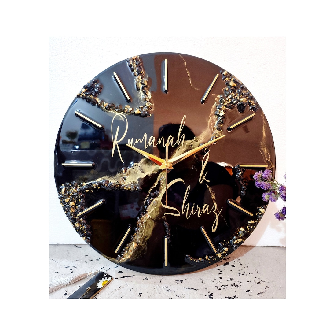 Black Gold Resin Wall Clock With Marble Effect/ Customizable Clock With