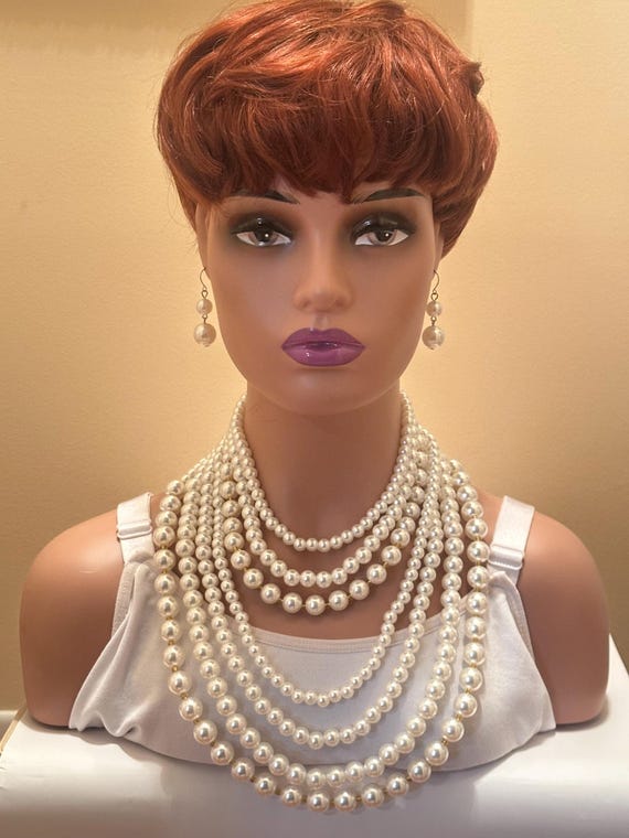 Seven Strand Faux Pearl Necklace Set, Layered Statement Jewelry, Elegant Pearls