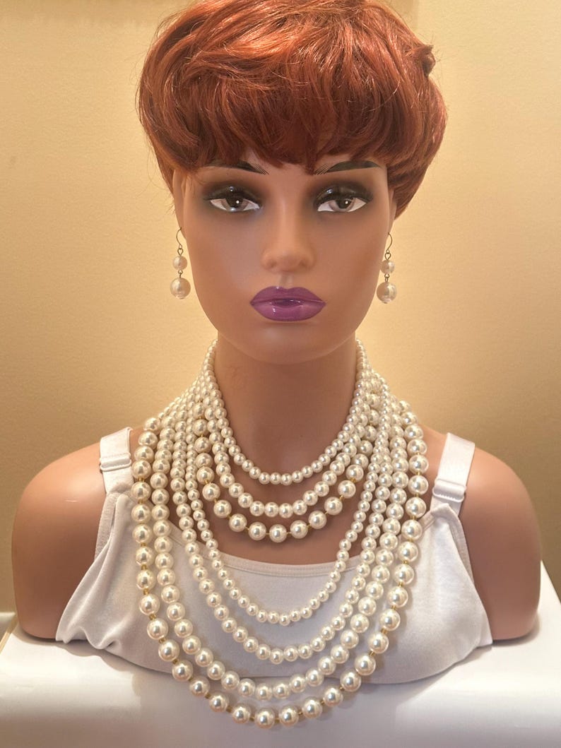 Seven Strand Faux Pearl Necklace Set, Layered Statement Jewelry, Elegant Pearls image 6