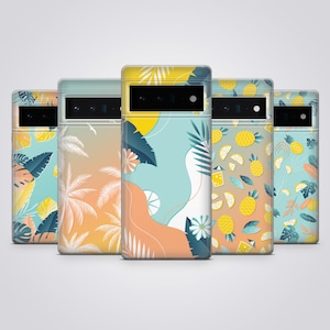 May include: Five phone cases with tropical designs. The cases feature illustrations of palm trees, pineapples, and tropical leaves in shades of yellow, orange, and blue. The cases are arranged in a row, showcasing the variety of designs.