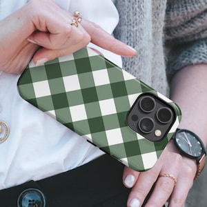 Plaid Phone Case Sage Green Checkered TOUGH Cover fit for iPhone 16 Pro Max, 15 Plus, 14, 13, 12, XS & Samsung S25, S24, A55, Pixel 9, 8A, 7