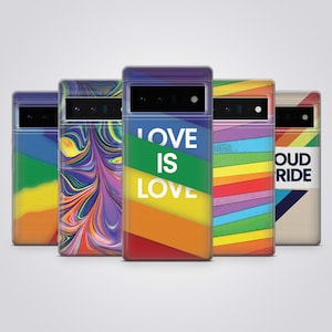 May include: Five different phone cases with rainbow designs. The cases feature different patterns and colours, including a rainbow swirl, a rainbow stripe, and a rainbow with the text "Love is Love".