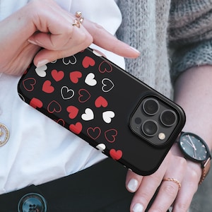 Hearts Phone Case Elegant Black TOUGH Cover fit for iPhone 16 Pro Max, 15 Plus, 14, 13, 12, 11, XS & Samsung S25, S24, A55, Pixel 9, 8A, 7