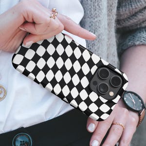Checkered Phone Case Black White TOUGH Cover fit for iPhone 16 Pro Max, 15 Plus, 14, 13, 12, 11, XS & Samsung S25, S24, A55, Pixel 9, 8A, 7