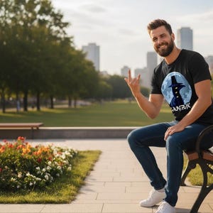 May include: Black t-shirt featuring a graphic of a figure in a hat against a moon backdrop, with the word "HUNTRX" below. The person is wearing blue jeans and white sneakers, sitting on a park bench.