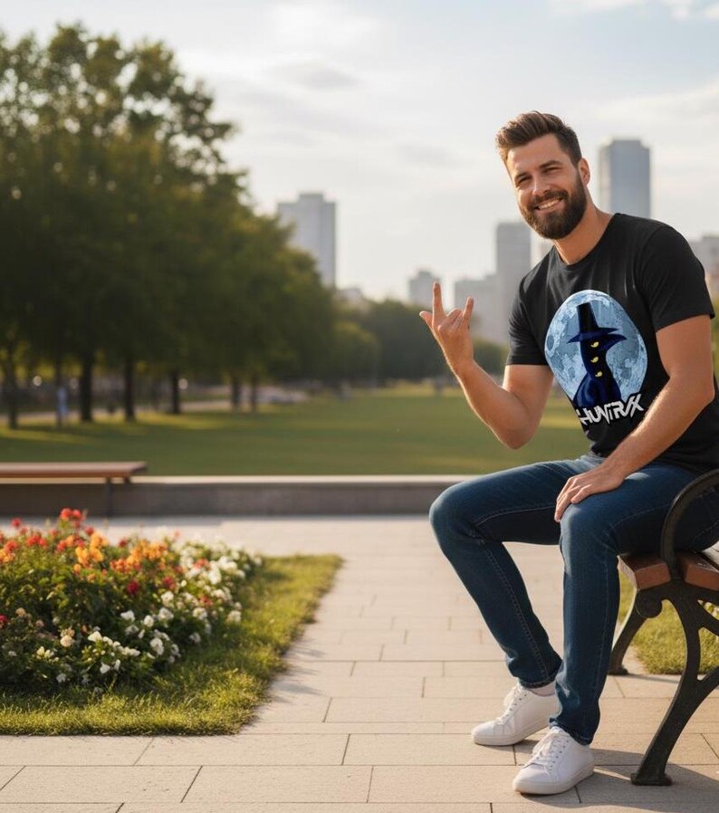 May include: Black t-shirt featuring a graphic of a figure in a hat against a moon backdrop, with the word "HUNTRX" below. The person is wearing blue jeans and white sneakers, sitting on a park bench.