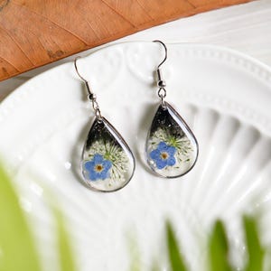 Real Forget Me Not Flower Earrings, Handmade Pressed Flower Resin Earrings, Drop-Shaped Dangle Drop Earring For Women, Birthday Gift For Her