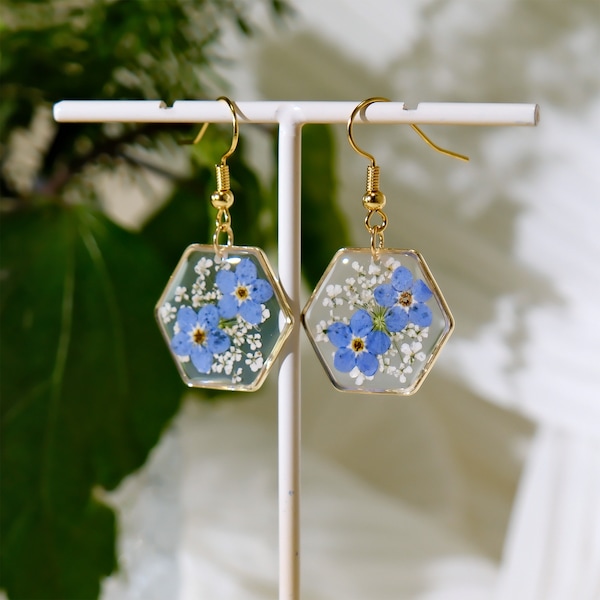 Forget Me Not Flower Earrings, Real Pressed Flower Earrings, Dried Flower Jewelry, Handmade Resin Earrings for Women, Birthday Gift For Her