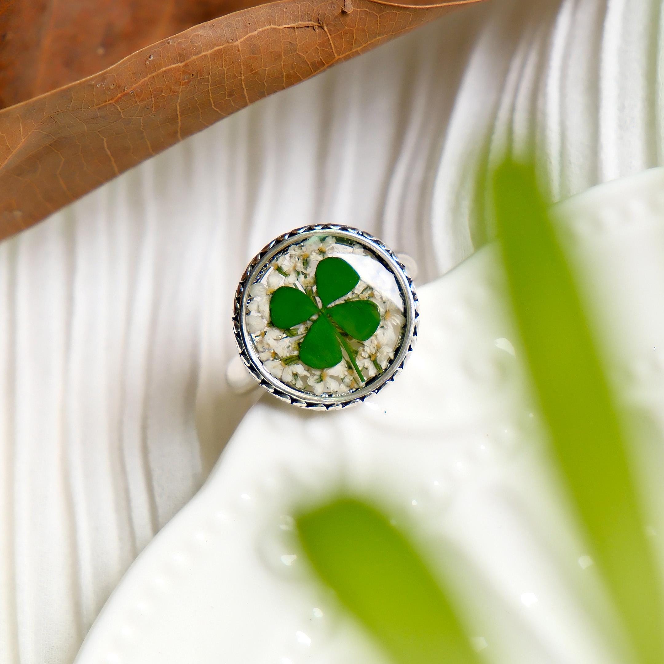 Lucky Four Leaf Clover Rings Adjustable: Handmade Botanical Rings ...