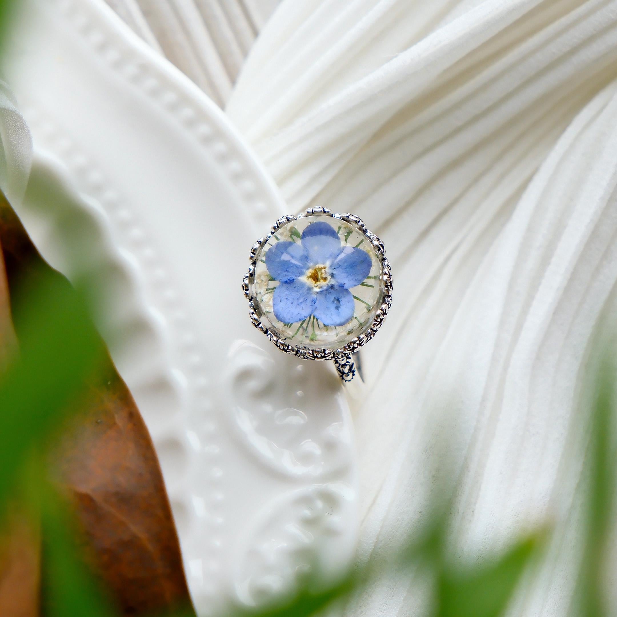 Echte Vergissmeinnicht Blumen Ringe Verstellbar, handgemachte gepresste Blumen Harz Ringe, einzigartige Statement Ringe für Frauen, Geburtstagsgeschenke für Sie