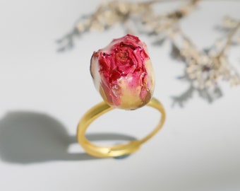 Real Rose Ring,Handmade Dried Flower Ring,Resin Ring,Rose Jewelry,Movable Ring,Delicate Ring,Birthday Anniversary Wedding,Gift For Her