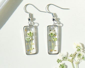 Baby's Breath Flower Earrings, Real Pressed Flower Earrings, Dried Flower Jewelry, Handmade Resin Earrings for Women, Birthday Gift For Her