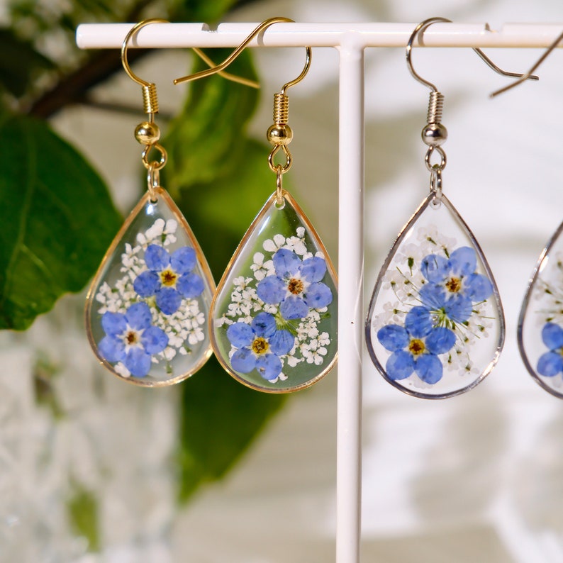 Forget Me Not Flower Earrings, Real Pressed Flower Earrings, Dried Flower Resin Earrings, Handmade Jewelry for Women, Birthday Gifts For Her image 3