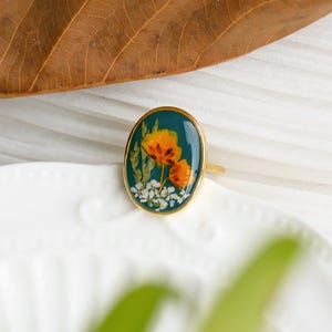 Orange Baby&#39;s Breath Flower Ring Adjustable, Handmade Pressed Flower Resin Ring, Oval Statement Ring, Natural Jewelry, Birthday Gift For Her
