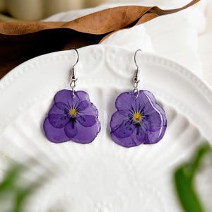 Purple Flower Earrings, Viola Tricolor Flower Real Earrings, Dangle Drop Earring, Handmade Floral Earrings for Women, Birthday Gifts For Her