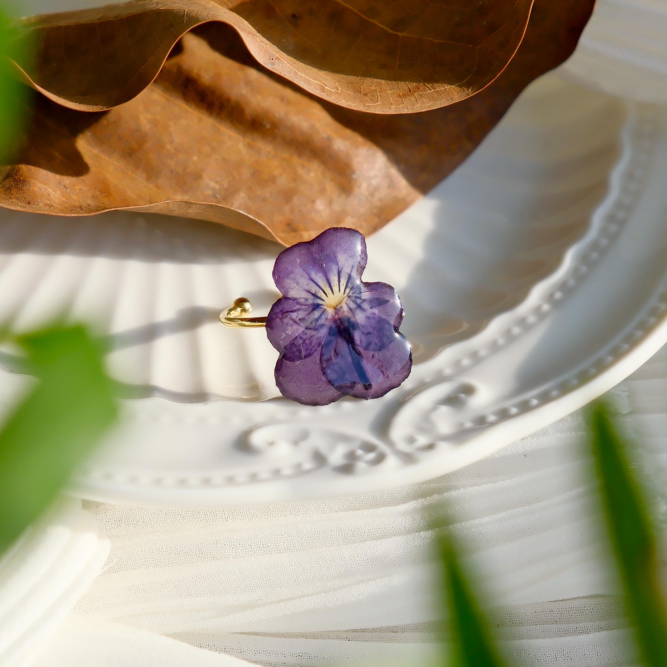 Purple Violet Flower Rings Adjustable, Handmade Pressed Flower Resin Rings, Dried Flower Statement Rings For Woman, Birthday Gifts For Her