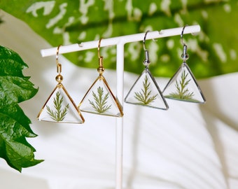 Real Leaves Earrings, Handmade Pressed Leaves Resin Earrings, Dried Leaves Triangular Earrings, Botanical Jewelry, Birthday Gifts For Her