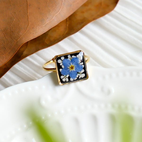 Echte Vergissmeinnicht Blumen Harz Ring: Handgepresste Blume Quadratische Ringe, Geschenke für Sie