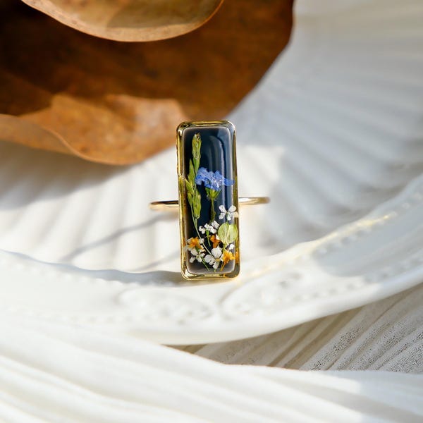 Anillo de resina con flor de nomeolvides auténtica: Anillos ajustables con flores prensadas a mano, regalos para ella