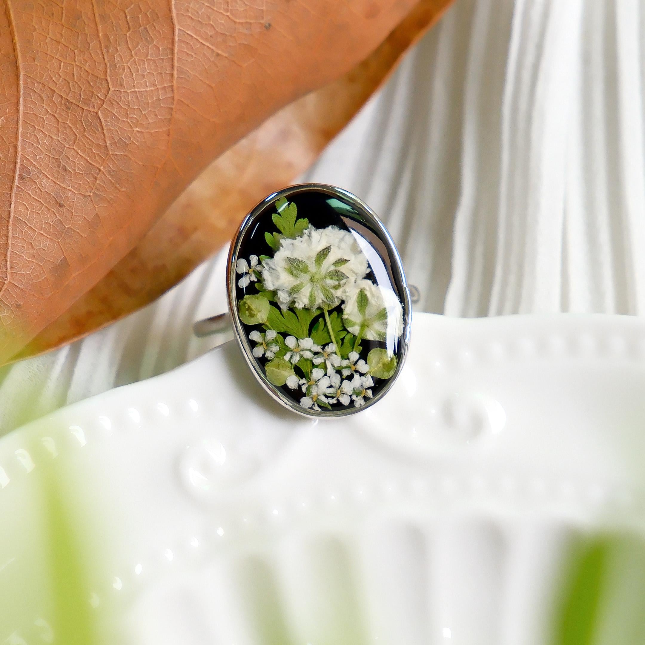 Bague fleur réglable véritable gypsophile : bagues fleurs pressées à la main, cadeaux pour elle