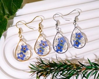 Boucles d'oreilles fleurs Forget Me Not, Boucles d'oreilles fleurs véritables pressées, Boucles d'oreilles fleurs séchées en résine, Bijoux faits main pour femme, Cadeaux d'anniversaire pour elle