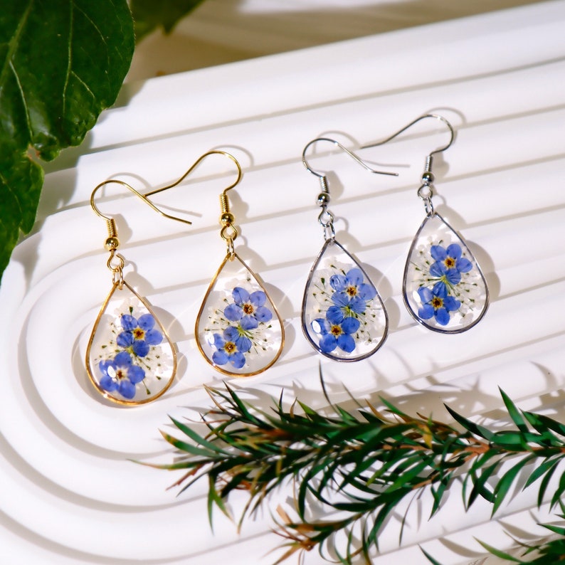 Forget Me Not Flower Earrings, Real Pressed Flower Earrings, Dried Flower Resin Earrings, Handmade Jewelry for Women, Birthday Gifts For Her image 1
