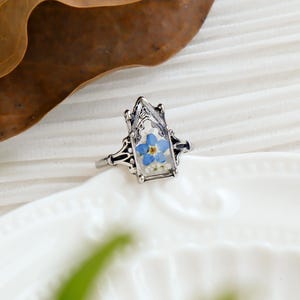 Real Forget Me Not Flower Ring Adjustable, Handmade Pressed Flower Resin Ring, Church Statement Ring, Natural Jewelry, Birthday Gift For Her