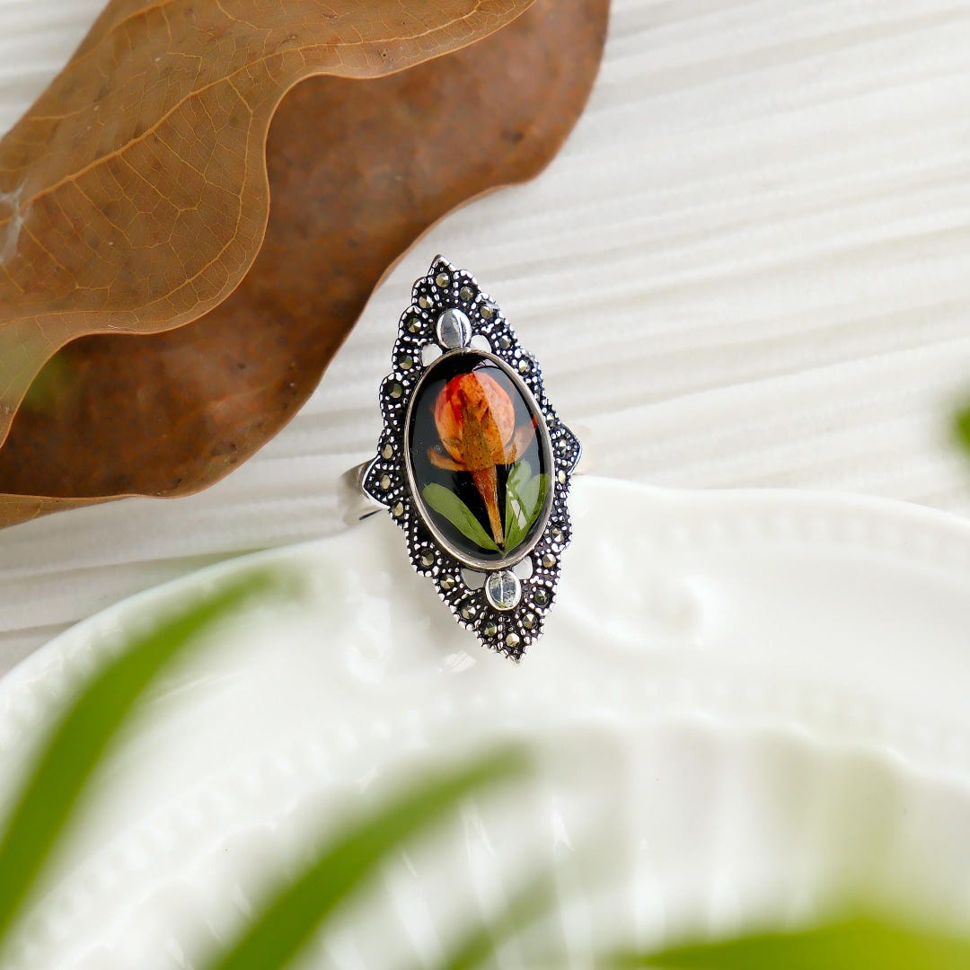Real Rose Flower Adjustable Rings, Handmade Pressed Rose Flower Resin ...