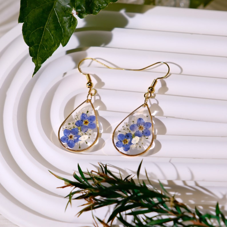 Handmade Forget Me Not Earrings, Real Pressed Flower Earrings, Dried Flower Resin Earrings, Natural Jewelry for Women, Birthday Gift For Her zdjęcie 6