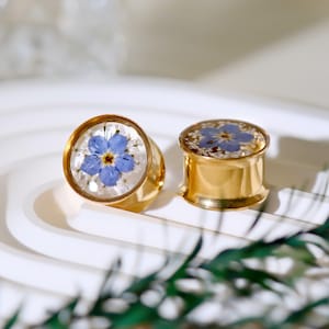 May include: Two gold ear gauges with a blue flower pressed inside each. The gauges are on a white surface with green foliage.