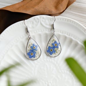 Forget Me Not Flower Earrings, Handmade Pressed Forget Me Not Flower Resin Earring, Dried Flower Dangle Drop Earring, Birthday Gifts For Her