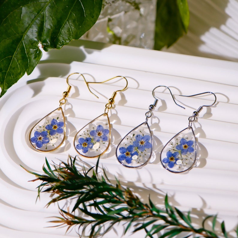 Handmade Forget Me Not Earrings, Real Pressed Flower Earrings, Dried Flower Resin Earrings, Natural Jewelry for Women, Birthday Gift For Her zdjęcie 2