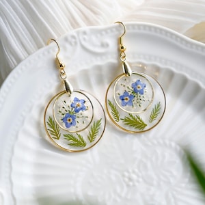 Forget Me Not Flower Resin Earrings, Handmade Pressed Dried Flower Earring, Hoop Dangle Drop Earring, Natural Jewelry, Birthday Gift For Her