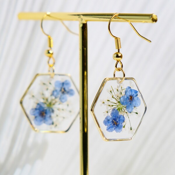 Forget Me Not Flower Earrings, Real Pressed Flower Earrings, Dried Flower Jewelry, Handmade Resin Earrings for Women, Birthday Gift For Her