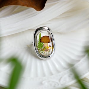 Real Mushroom Flower Rings Adjustable, Handmade Pressed Flower Resin Rings, Dried Flower Statement Rings, Anniversary Birthday Gifts For Her